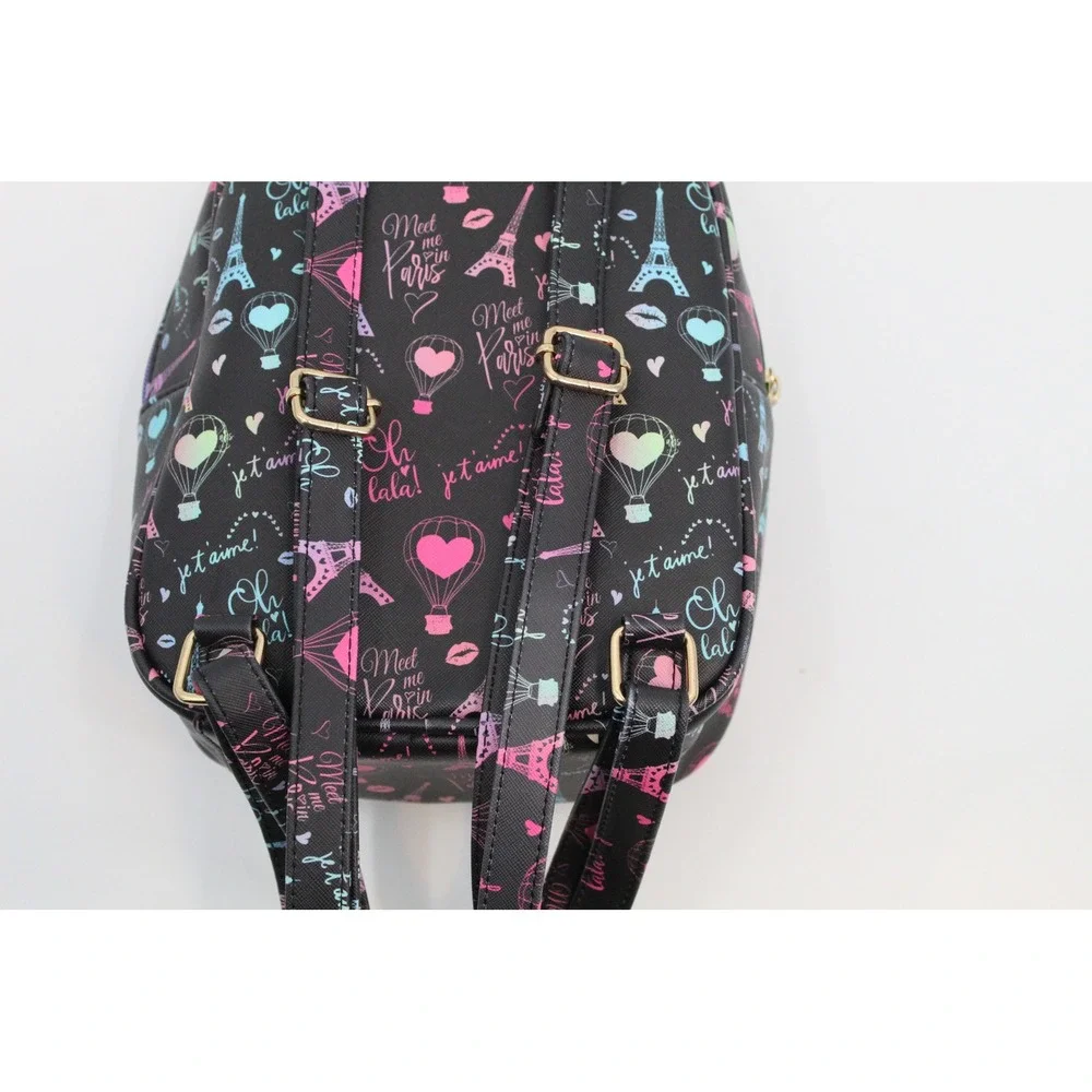 Paris Theme Mini Backpack Black Faux Leather Rainbow Zipper Eiffel Tower Print